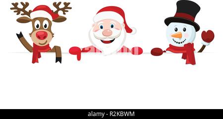 Santa Claus, ein Reh und ein Schneemann Blick hinter einem weißen Blatt und Wave. Stock Vektor