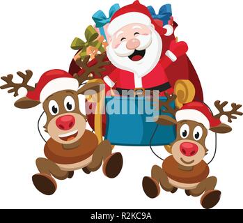 Santa Claus und zwei Hirsche Fahrt auf einem Schlitten mit Geschenken auf weißem Hintergrund. Stock Vektor
