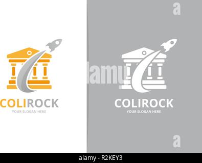 Vektor Bank und Rakete logo Kombination. Spalte und Flugzeug Symbol oder Icon. Einzigartige Richter und Flug Logo Design Template. Stock Vektor