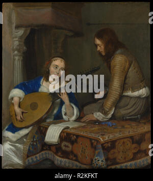 Eine Frau Spielen der Theorbo-Lute und ein Cavalier. Artist: Gerard Ter Borch der Jüngere (Niederländisch, Zwolle, Deventer 1617-1681). Abmessungen: 14 1/2 x 12 3/4 in. (36,8 x 32,4 cm). Datum: Ca. 1658. Ter Borch war ein scharfsinniger Beobachter der sozialen Verhaltens sowie der physischen Umgebung. In dieser intimen Umwerbung Szene, edlen Stoffen, Silber, Holz, Papier, Licht und Schatten alle verraten ihre besonderen Qualitäten. Die Frau klimpert eine theorbe und der Mann erscheint zu singen, ein Duett, schwingt mit den Gefühlen. Die Uhr empfiehlt ruhig die Mäßigung. Museum: Metropolitan Museum of Art, New York Stockfoto