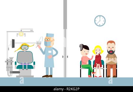 Verärgert Patienten mit Zahnschmerzen Sitzen im Wartezimmer der Stomatologie. Empfang in der Zahnarzt. Zahn Behandlung Konzept. Vector Illustration. Stock Vektor