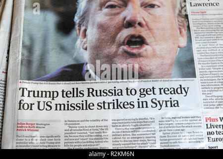 "Trump erklärt Russland für uns Raketenangriffe in Syrien "Guardian Artikel Schlagzeile in London, Großbritannien, 12. April 2018 fertig zu werden Stockfoto