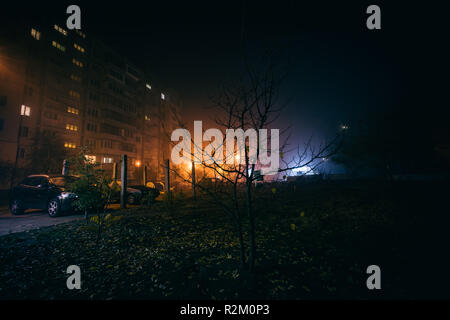 Nebel nacht Hof mit hellem Licht auf den Hintergrund. Düstere Stimmung Foto mit grün und orange Farben Stockfoto