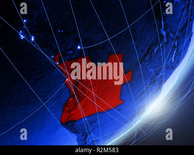 Angola über grünes Modell des Planeten Erde mit Netzwerk in der Nacht. Konzept der Blue digitale Technologie, Kommunikation und Reisen. 3D-Darstellung. Elemente o Stockfoto