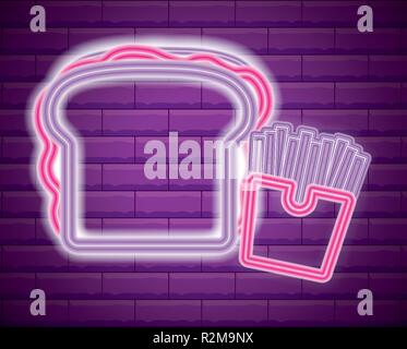 Pommes Frites mit Sandwich Neonlicht Vector Illustration Design Stock Vektor