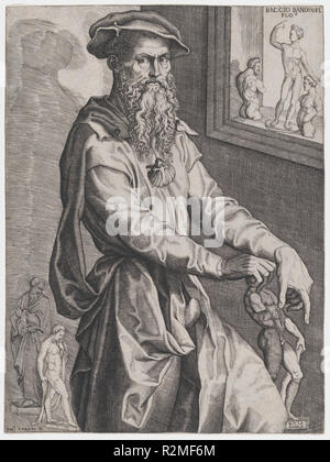 Portrait von Baccio Bandinelli. Artist: Niccolò della Casa (Französisch, aktive Italien, Ca. 1543-48); Nach Baccio Bandinelli (Italienisch, Gaiole in Chianti Florenz 1493-1560). Abmessungen: Blatt (getrimmte): 11 9/16 x 8 11/16 in. (29,4 × 22 cm). Datum: Ca. 1544-47. Selbst ernannte Rivalin von Michelangelo und arrogante Antagonist von viele seiner Künstlerkollegen, des florentiner Bildhauers Baccio Bandinelli ist hier in seinem großzügig ausgestatteten Studio, durch Werke aus seiner Hand umgeben und Stolz sporting die Shell porträtiert und Insignien des ritterlichen Ordens von St. James. Vermutlich bei der Künstlerin erstellt werden. Stockfoto