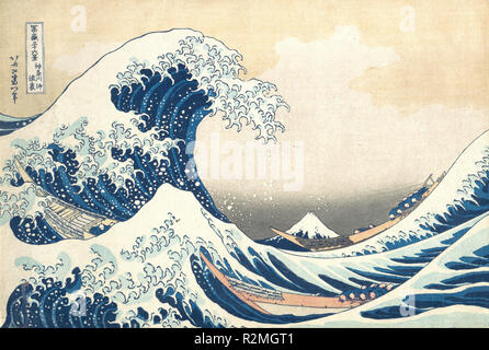 Unter der Welle von Kanagawa (Kanagawa oki Nami ura), die auch als die große Welle, aus der Serie 30 bekannten - sechs Blick auf Mount Fuji (Fugaku sanjurokkei). Künstler: Katsushika Hokusai (Japanisch, Tokyo (EDO) 1760-1849 Tokyo (EDO)). Kultur: Japan. Abmessungen: 10 1/8 x 14 15/16 in. (25,7 x 37,9 cm). Datum: Ca. 1830-32. Die atemberaubende Zusammensetzung des Holzschnitts, sagte inspiriert zu haben, Debussy La Mer (das Meer) und Rilke Der Berg (das Gebirge), seinem Ruf als Ikone der Welt kunst Hokusai geschickt mit Perspektive gespielt Japans größte Berg zu machen gewährleistet erscheinen als kleine trian Stockfoto