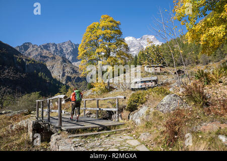 Wanderer, die über eine hölzerne Brücke zum Visitor Center auf der Alpe Fum Bitz, Alta Valsesia Natur Park, hinter dem Monte Rosa Massiv, Tal Dorf: Alagna Valsesia, Alpes Valsesia, Vercelli Provinz, Piemont, Italien Stockfoto