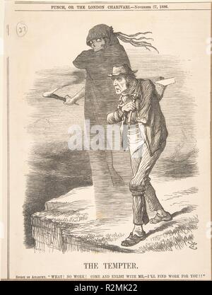 Der Versucher (Punch, 27. November 1886). Artist: Sir John Tenniel (Briten, London 1820-1914 London). Maße: Blatt: 10 3/8 x 7 3/4 in. (26,4 x 19,7 cm). Datum: 1886. Diese satirische Druck veröffentlicht in der Zeitschrift 'Lochen' eine dünne, verzweifelten Mann keine Arbeit, die am Rand einer Klippe mit dem Tod versuchten ihn zu springen zu finden zeigt. Museum: Metropolitan Museum of Art, New York, USA. Stockfoto