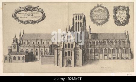 Saint Paul's, Südseite (Ecclesiae Cathedralis St. Pauli, ein meridi Prospekt). Artist: Wenzel Hollar (Böhmische, Prag 1607-1677 London). Maße: Blatt: 8 7/16 x 11 1/4 in. (21,5 x 28,5 cm). Serie/Portfolio: William Dugdale, "Die Geschichte der St. Paul's Kathedrale in London", 1658. Datum: 1658. St. Paul's Cathedral von Süden gesehen. Ähnlich 1991.1336.1 (S. 1017), jedoch ohne der Turm über der Vierung Turm, der vom Blitz getroffen wurde und 1561 verbrannt. Die Vorhalle errichtet von Charles I abgebildet, wie sich Änderungen auf das Kirchenschiff. Diese erste Staat war in William ausgestellt Stockfoto