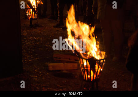 Kamin aus Eisen mit brennenden Holzscheite während eines kalten Abend für Wärme. Stockfoto