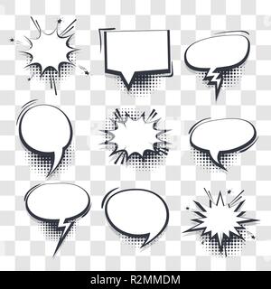 Große Hand gezeichnet leer Effekte Vorlage comic Sprechblasen Rasterpunkt Vektor transparenter Hintergrund im Pop Art Stil. Dialogfeld leer Cloud, Raum Stock Vektor
