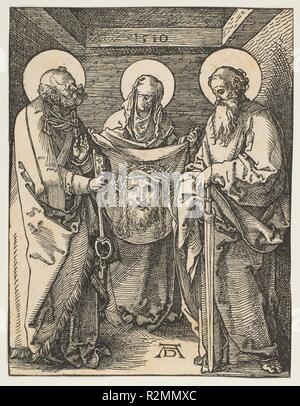 Saint Veronica zwischen den Heiligen Petrus und Paulus, von der kleinen Passion. Künstler: Albrecht Dürer (Deutsch, Nürnberg 1471-1528 Nürnberg). Maße: Blatt: 5 1/16 x 3 13/16-in. (12,8 x 9,7 cm). Datum: 1510. Museum: Metropolitan Museum of Art, New York, USA. Stockfoto
