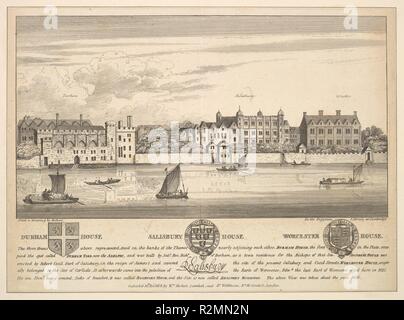 Durham House, Salisbury House und Worcester House auf der Themse. Artist: Nach Wenzel Hollar (Böhmische, Prag 1607-1677 London). Maße: Blatt: 6 3/4 x 9 1/4 in. (17,1 x 23,5 cm) außerhalb der Bild und Text, aber innerhalb der Plattenkante geschnitten.. Serie/Portfolio: Londina Illustrata. Datum: 1808. Kopie nach einer Zeichnung von Hollar. Blick von der Themse, mit Durham Haus auf der linken Seite, Salisbury House im Zentrum und Worcester Haus auf der rechten Seite; Reflexionen auf dem Wasser und einige kleine Boote; der Blick, wie es um 1630. Museum: Metropolitan Museum of Art, New York, USA. Thema: Nach Wen Stockfoto