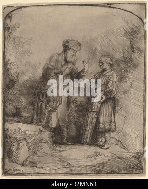 Abraham und Isaak. Stand: 1645. Abmessungen: Blatt (an der Platte mark getrimmt): 16,1 x 13,3 cm (6 5/16 x 5 1/4 in.). Medium: Radierung und Burin. Museum: Nationalgalerie, Washington DC. Thema: Rembrandt, HARMENSZOON VAN RIJN. REMBRANDT HARMENSZOON VAN RIJN. Stockfoto