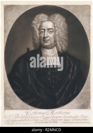 Cottonus Matheris (Cotton Mather). Artist: graviert und bemalt und veröffentlicht Boston von Peter Pelham (Amerikanische (England), London 1697-1751 in Boston, Massachusetts). Abmessungen: Platte: 13 11/16 x 9 13/16-in. (34,8 x 25 cm) Blatt: 14 3/16 x 10 5/16 in. (36,1 x 26,2 cm). Sitter: Cotton Mather (American, 1663-1728). Datum: 1728. Museum: Metropolitan Museum of Art, New York, USA. Stockfoto