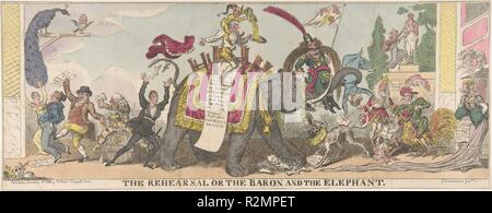 Die Probe oder der Baron und der Elefant. Artist: George Cruikshank (Briten, London 1792-1878 London). Maße: Blatt: 7 13/16 x 20 5/16 in. (19,8 x 51,6 cm). Herausgeber: Herausgegeben von M. [oder W. N.] Jones (London). Sitter: William Shakespeare (Britisch, Stratford-upon-Avon 1564-1616 Stratford-upon-Avon); Sarah Siddons (Briten, Brecon, Wales 1755-1831, London); John Philip Kemble (Britisch, Prescot, Lancashire 1757-1823 Lausanne); Richard Brinsley Sheridan (in Irland, Dublin 1751-1816 London); Baron Ferdinand de Geramb (Französisch, 1772-1848). Datum: Januar 1, 1812. Cruikshank war 19, als er Stockfoto