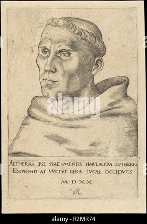 Martin Luther als Mönch der Augustiner. Künstler: Lucas Cranach der Ältere (Deutsch, Kronach 1472-1553 Weimar). Maße: Blatt: 6 1/4 x 4 3/16 in. (15,8 × 10,7 cm) Platte: 5 5/8 x 3 13/16 in. (14,3 x 9,7 cm). Datum: 1520. Dieses kleine Gravur zeigt Martin Luther als Mönch des Augustinerordens, trat er im Jahr 1506. Lucas Cranach war ein enger Freund und entschiedener Befürworter von Luther, der neben produzieren einige der lebensechte Bilder der Mann, eine bleibende Lutherischen Geist in vielen seiner Gemälde und Drucke vermittelt. Dieses Bild in 1520 produziert wurde, das Jahr Luther veröffentlichte eine seri Stockfoto