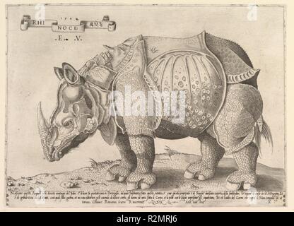 Rhinoceros. Artist: Gestochen von Enea Vico (Italienisch, Parma, Ferrara 1523-1567); Kopie im Rückwärtsgang nach Albrecht Dürer (Deutsch, Nürnberg 1471-1528 Nürnberg). Maße: Blatt: 10 1/4 x 14 5/16 in. (26 x 36,3 cm) getrimmt gerade außerhalb Plattenrand. Herausgeber: Herausgegeben von Antonio Salamanca (Salamanca 1478-1562 Rom). Datum: 1542 (Datum auf 1548 geändert). Museum: Metropolitan Museum of Art, New York, USA. Stockfoto