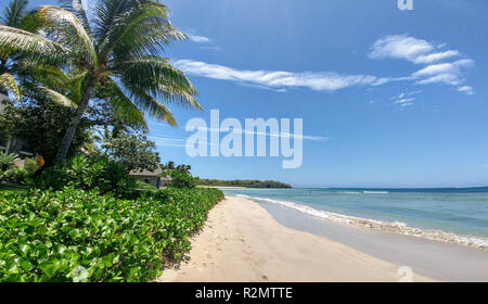 Weißer Sandstrand und türkisblaues Meer, umgeben von Palmen, Fidschi Stockfoto