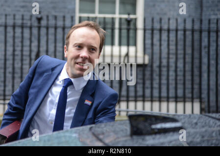 London, 20. November 2018: Matt Hancock MP, Staatssekretär für Gesundheit Blätter Downing Street Nr.10 nach der Teilnahme an einer Sitzung. Credit: Claire Doherty/Alamy leben Nachrichten Stockfoto