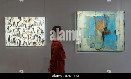 London, Großbritannien. 20. November 2018. Ein Mitarbeiter Ansichten (L, R)' Webt aus Asche", 2018, von Faiqa Al Hasan und "Untitled", 2012, von Balqees Fakhro. Vorschau von 'Anhäufung: Vermächtnis und Erinnerung", eine Ausstellung von Kunst über die Grenzen hinweg in Bahrain Bahrain Kunst Woche präsentiert. Werke von 11 aufstrebenden und bereits etablierten Bahrainische Künstler ist auf Anzeige 20. bis 26. November an Alon Zakaim Fine Art Gallery in Mayfair. Credit: Stephen Chung/Alamy leben Nachrichten Stockfoto