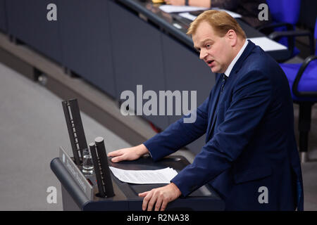 Berlin, Deutschland. 20 Nov, 2018. Der Bundestagsabgeordnete Albert Stegemann (CDU) spricht im Bundestag zu Beginn der abschliessenden Beratungen über den Bundeshaushalt 2019. Credit: Gregor Fischer/dpa/Alamy leben Nachrichten Stockfoto