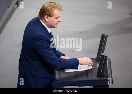 Berlin, Deutschland. 20 Nov, 2018. Der Bundestagsabgeordnete Albert Stegemann (CDU) spricht im Bundestag zu Beginn der abschliessenden Beratungen über den Bundeshaushalt 2019. Credit: Gregor Fischer/dpa/Alamy leben Nachrichten Stockfoto