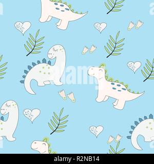Cute Baby Dinosaurier nahtlose Muster auf den hellblauen Hintergrund. Baby tuch Design, Tapeten, Verpackung. Vector Illustration. Stock Vektor