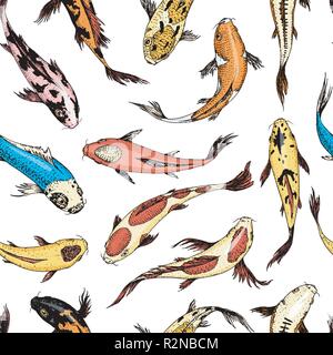 Koi Karpfen, nahtlose Muster japanischen Fisch. Die koreanischen Tiere. Graviert Hand gezeichnet. Vintage tattoo monochrom Skizze. Stock Vektor