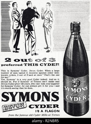 Original 50s Vintage alte drucken Werbung aus dem Englischen Magazin Werbung Symons Devon Cyder ca. 1954 Stockfoto