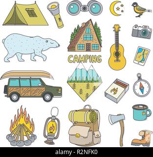 Einstellen der netten Campingplatz Elemente. Ausrüstung im Wald. Aufkleber, doodle Pins, Patches. Berg Lagerfeuer Karte Kompass tragen Zelt Auto Rucksack Gitarre. Reisen Symbole. Stock Vektor