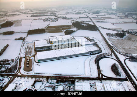 Luftaufnahme, Rhynern, EDEKA Logistikzentrum, Rhynern, Hamm, Ruhrgebiet, Schnee, Nordrhein-Westfalen, Deutschland, Europa, Stockfoto