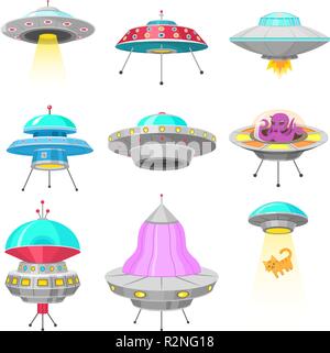 Alien Raumschiffen, von UFO unbekanntes Flugobjekt, fantastische Raketen, Kosmische Raumfahrzeuge im Universum Raum. Vector Illustration auf weißem Hintergrund. GUI-Elemente. Flache Spiel, Cartoon Stil. Stock Vektor