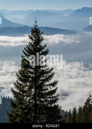 Panorama der wunderschönen niedrige Wolken über Seen mit blauen Berge im Hintergrund, Bäume im Vordergrund Stockfoto