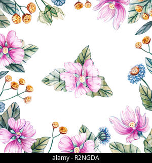 Einen quadratischen Rahmen mit Aquarell rosa und blau Wildblumen auf einem weißen Hintergrund. Es ist ein Platz für Text. Stockfoto
