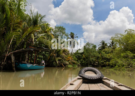 Ruhe Seitenkanal mit üppiger Vegetation auf einer Bootstour auf dem Mekong Delta Stockfoto