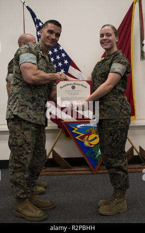 Oberst Charles Dockery, kommandierender Offizier der Marine Corps Air Station (WAB) Miramar präsentiert die Marine des Quartals Award zur Lanze Cpl. Destinee Folmar mit Sitz und Hauptverwaltung Squadron, an der MCAS Miramar, Calif., Nov. 1, 2019. Die Zeremonie anerkannt Marinesoldaten und Matrosen für ihre aussergewöhnliche Arbeit Ethik und der Ergebnisse 1. Quartal des Geschäftsjahres 19. Stockfoto