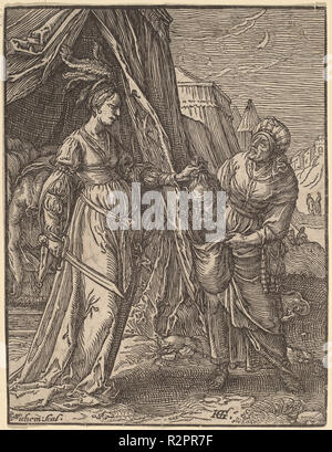 Judith mit dem Haupt des Holofernes. Maße: Blatt: 13,5 x 10,3 cm (5 5/16 x 4 1/16 in.). Medium: Holzschnitt auf Bütten. Museum: Nationalgalerie, Washington DC. Autor: Christoffel van Sichem ich, nachdem Hendrik Goltzius. Stockfoto