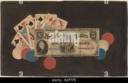 Trompe l'Oeil: ein Full House mit Chips und einem $ 5 Bill. Vom: C. 1895. Maße: Blatt: 21,6 x 36,5 cm (8 1/2 x 14 3/8 in.). Medium: Aquarell über Graphit montiert auf Pappe. Museum: Nationalgalerie, Washington DC. Thema: American 19. Stockfoto