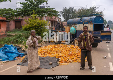 Angadihalli, Karnataka, Indien - November 2, 2013: Frau und Mann stehen vor der Haufen von Maiskolben in anreisen, blaue Maschine gedroschen werden. Street sc Stockfoto