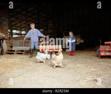 Zwei Kinder stehen in einer Scheune mit zwei Hühnern. Stockfoto