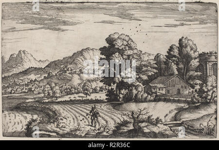 Bergige Landschaft mit dem Gleichnis vom Sämann. Vom: C. 1572/1573. Abmessungen: Platte: 18,7 x 30 cm (7 3/8 x 11 13/16 in.) Blatt: 25,9 x 34,2 cm (10 1/4 x 13 5/6 in.). Medium: Radierung auf Bütten. Museum: Nationalgalerie, Washington DC. Autor: GIOVANNI BATTISTA FONTANA. Stockfoto
