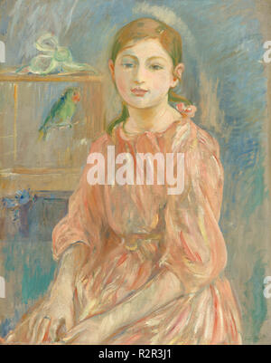 Des Künstlers Tochter mit einem Wellensittich. Stand: 1890. Maße: gesamt: 65,6 x 52,1 cm (25 13/16 x 20 1/2 in.) gerahmt: 85,7 x 71,4 cm (33 3/4 x 28 1/8 in.). Medium: Öl auf Leinwand. Museum: Nationalgalerie, Washington DC. Autor: Berthe Morisot. Stockfoto