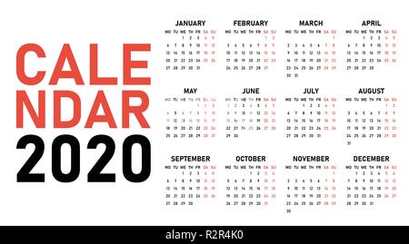 2020 Kalender Design Template Vector Illustration einfache Woche löschen Start am Montag Stock Vektor