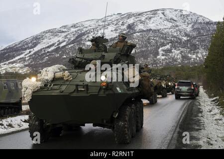 Us-Marines und Matrosen besuchen Oppdal, Norwegen während der Übung Trident Punkt 18, November 2, 2018. Trident Punkt 18 zeigt II Marine Expeditionary Force's Fähigkeit, zu implementieren, zu beschäftigen, und die Marine Air-Ground Task Force erneut bereitstellen, während die Verbesserung der Interoperabilität mit Verbündeten und Partnern. Stockfoto