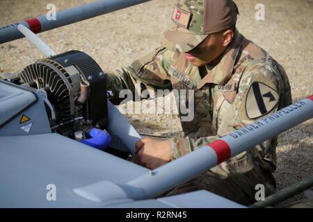Us-Armee Pfc. Carlos Castillo, ein Unmanned Aircraft Systems Werkstatt, Delta Firma zugewiesen, 91st Brigade Ingenieur Bataillon, 1st Armored Brigade Combat Team, 1.Kavallerie Division, führt POST-flight Wartung und Reparaturen auf einen RQ-7B Shadow tactical Unmanned Aircraft Systems bei Reiter Flug Landeplatz in Trzebien, Polen, Nov. 1, 2018. Die ironhorse Brigade ist derzeit in ganz Europa zur Unterstützung der Atlantischen Lösung bereitgestellt. Stockfoto