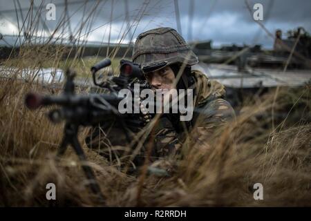 Niederländisch 45 Painfbat gegen den Feind mit CV 90 und Kodiak während der NATO-Übung Trident Stelle 2018 am 4. November. Trident Zeitpunkt 2018 ist der NATO grösste Übung in vielen Jahren, in denen rund 50.000 Mitarbeiter aus allen 29 Verbündeten, plus Partner in Finnland und in Schweden. Rund 65 Schiffe, 250 Flugzeuge und 10.000 Fahrzeuge teilnehmen wird. Stockfoto