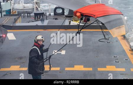 Master Corporal Kyle Mitchell, Avionik Systeme Techniker, entfernt ein Blade Boot aus der CH-148 Cyclone Hubschrauber an Bord der Royal Canadian Navy Fregatte HMCS Ville de Quebec vor nehmen Sie am 3. November 2018 während der NATO-Übung Trident Zeitpunkt 18. Trident Zeitpunkt 2018 ist der NATO grösste Übung in vielen Jahren, in denen rund 50.000 Mitarbeiter aus allen 29 Verbündeten, plus Partner in Finnland und in Schweden. Rund 65 Schiffe, 250 Flugzeuge und 10.000 Fahrzeuge teilnehmen wird. Ist 04-2018 -0005-061 MCpl Gabrielle Desrochers, Canadian Forces Combat Kamera Stockfoto