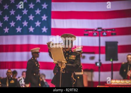 Kapitän Cristina Lopez, Adjutant mit der 11 Marine Expeditionary Unit, liest den Geburtstag Nachricht aus dem 13 Kommandant des Marine Corps während des 11. MEU im Marine Corps Geburtstag ball Feier in Pala, Calif., Okt. 29, 2018. Im Jahre 1921 wurde das 13. zum Kommandanten des Marine Corps, Generalleutnant John A. Lejeune, gerichtet, eine Erinnerung an die ehrenwerten Dienst der Marine Marines auf der ganzen Welt veröffentlicht, am Geburtstag des Korps. Stockfoto